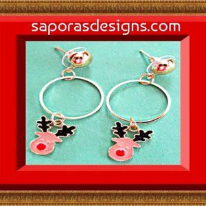 Gold Tone Dangle Rudolph The Red-Nosed Reindeer Design Earrings